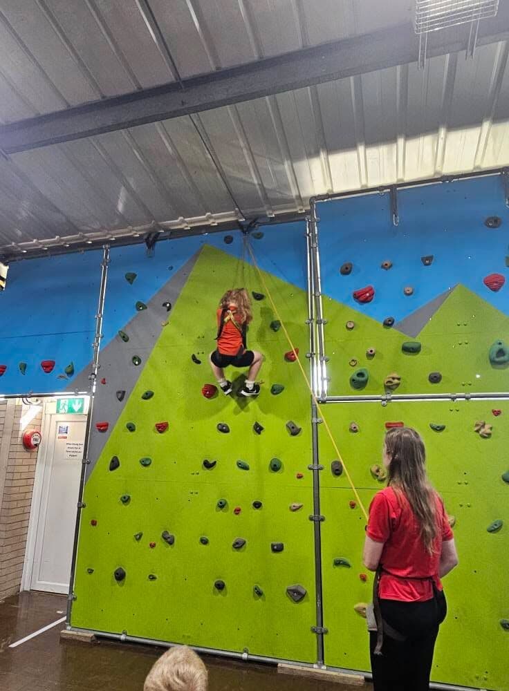 A Squirrel climbing a climbing wall with a leader belaying below